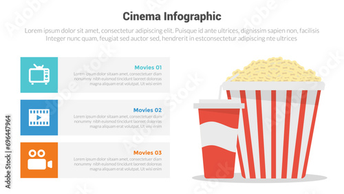 movies or cinema infographics template diagram with food popcorn and drink with 6 point step creative design for slide presentation