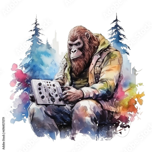 Watercolor Bigfoot, isolated, Sasquatch Gamer: With game controller and board game, vivid image, watercolour style on white background