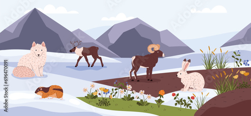 Arctic tundra wild animals and plants on nature landscape with mountains vector illustration, Northern taiga flora fauna