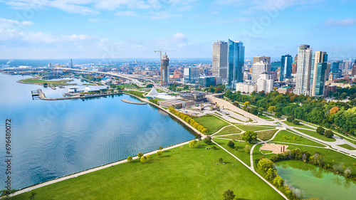 Aerial View of Milwaukee Waterfront and Urban Park