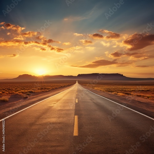 Empty long mountain road to the horizon on a sunny summer day at bright sunset. Generative AI.