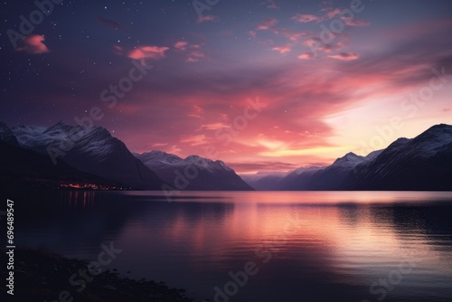 Fantasy landscape with mountains and lake at sunset. 3d rendering, Rear view of a mountain guide leading a group of hikers, AI Generated