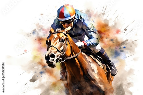 Horse jockey riding on racecourse, watercolor painting illustration, Abstract racing horse with jockey from a splash of watercolors, AI Generated