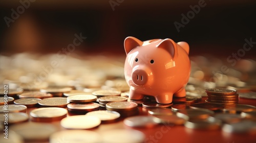Pink piggy bank and a pile of gold coins savings and financial management concept.