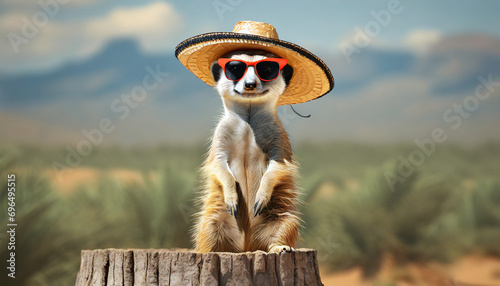 Smiling meerkat with sunglasses and sombrero stand on stump. 