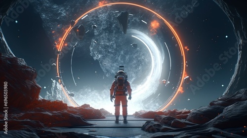 astronaut with his back facing an unknown, glowing portal on a planet