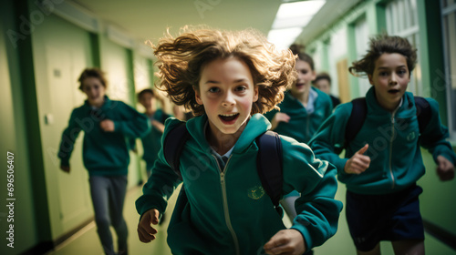 Group of elementary school kids running through school corridor. Back to school concept. Generation AI illustration 