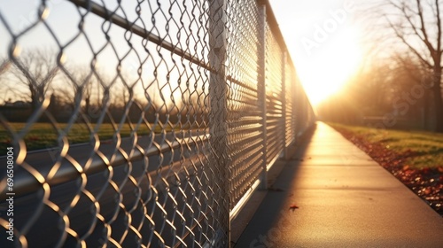 A beautiful sunset with the sun setting behind a chain link fence. Perfect for illustrating concepts of freedom, barriers, and transition.