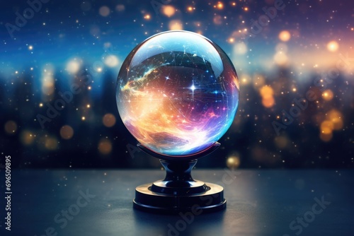 A crystal ball sitting on top of a table. Can be used for fortune-telling or mystical concepts