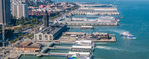 San Francisco, USA, aerial landscape view of area around "The Embarcadero" and the famous Ferry Building in Financial District near "South of Market"(SoMA) district 