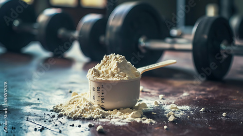 A measure scoop filled with whey protein powder. - sporting protein shot in the gym.