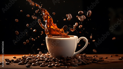 Sharp shot of a coffee bean dropping into a full cup of coffee. splashing coffee. 
