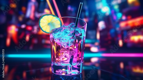 Cocktail in neon glow. A colorful drink for a night club