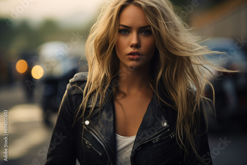 biker girl with flowing blonde hair and leather jacket 