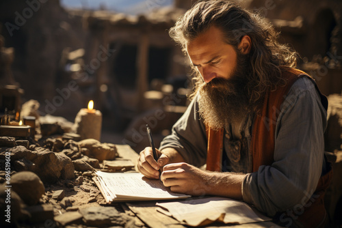 archaeologist writing notes in a worn-out journal amidst ancient ruins, conveying the essence of time travel in a cinematic-style photo