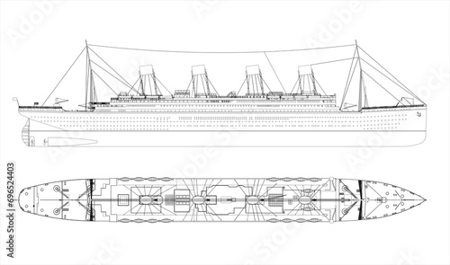 British transatlantic steamer. The largest passenger ship in world history in 1912-1913. On her maiden voyage, she sank in the North Atlantic after colliding with an iceberg. Blueprint. Coloring page.