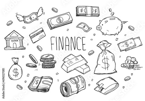Set of money and banking related objects and elements. Hand drawn doodle illustration collection isolated on white background. Finance doodle set