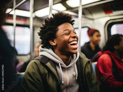 Young high school student laughing on the train