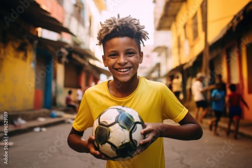 Portrait of a young boy with soccer ball in the Brazilian slums