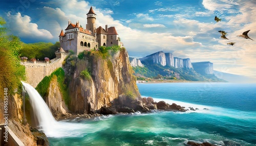 seascape with an old castle on a cliff and a waterfall digital mural