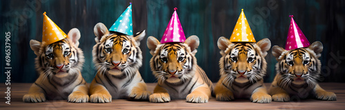 Five tiger cubs wear happy birthday party hats. They sit on wood. Blue wall behind. They look curious and playful