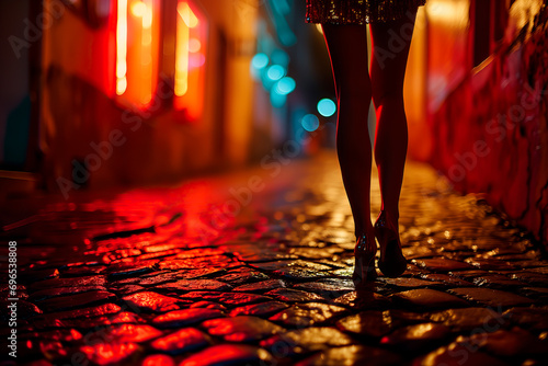 Woman in a short skirt, high heels, walking or standing on a cobblestone street in a night life district at night. Concept of prostitution, and dangers for women at night.