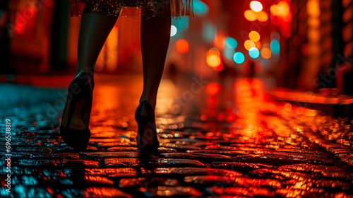 Woman standing in a red light district wearing a short skirt and high heels on a cobblestone street. Concept of prostitution and human trafficking. 