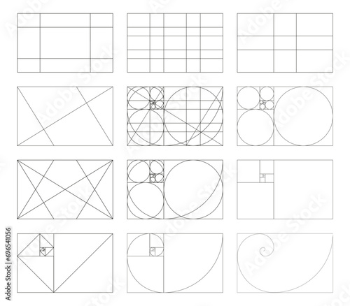 Golden ratio template. Method golden section. Set of harmony proportions rectangles. Vector outline illustration. Fibonacci array, numbers. Collection of golden proportions.