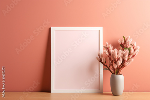 A simple alder frame on a pale coral wall, holding a blank topaz mockup, highlighted by a muted maroon hue, empty blanked mockup, 8k,
