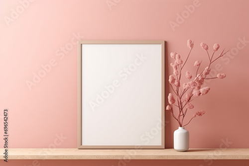 A simple alder frame on a pale coral wall, holding a blank topaz mockup, highlighted by a muted maroon hue, empty blanked mockup, 8k,