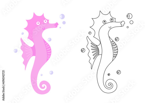 Cute pink seahorse vector illustration undersea, sea life coloring book or coloring page