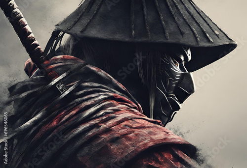 Epic samurai wallpaper from behind looking slightly to the right, face covered in the hood, insane
