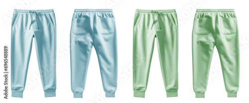 2 Set of pastel green turquoise blue, front back view sweatpants jogger sports trousers bottom pants on transparent background, PNG file. Mockup template for artwork design