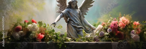 Monument to a mourning angel on a gravestone in a cemetery, banner