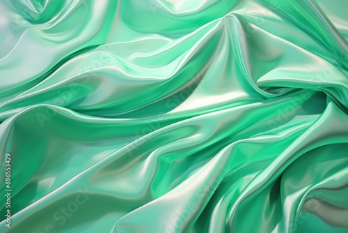 Close-up of green silk fabric. Shiny smooth turquoise fabric. Folds of glossy silk.