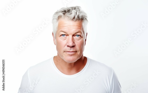 close up photo portrait of happy healthy active old age beautiful elderly senior model man with grey hair. Man looking at the camera wearing a white t shirt on a white background. Generative ai