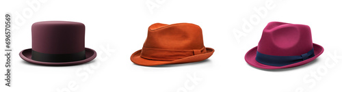 set collection stylish women and men derby floppy hats and top hat in different colors and formal style in purple orange, isolated on white png transparent background