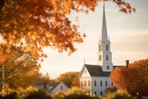 Small town American church, white clapboard, classic steeple, surrounded by fall foliage