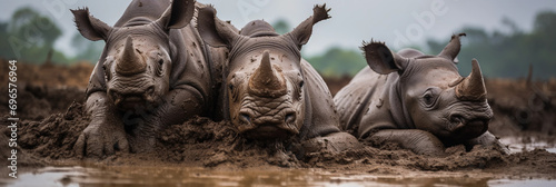 Rhino family in the mud, baby rhino between parents, intimate moment
