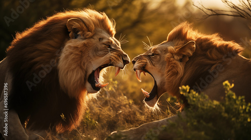 Dois leões adultos brigando na planice com grama alta no fundo desfocado - Papel de parede com iluminação cinematográfica