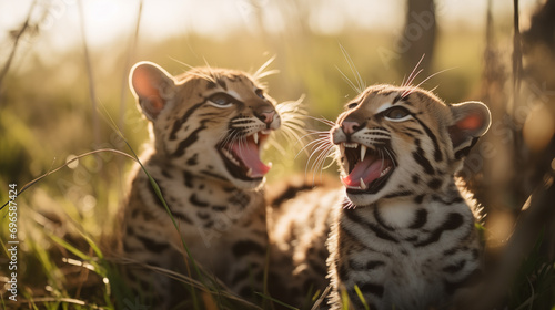 Dois filhotes de jaguatirica brincando na planice com grama alta no fundo desfocado - Papel de parede com iluminação cinematográfica