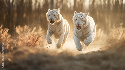 Dois tigres albinos correndo na planice com grama alta no fundo desfocado - Papel de parede com iluminação cinematográfica