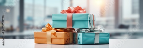 Vibrant and festive stacked gift boxes with blurred bokeh background of retail store window