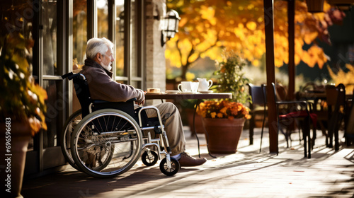 Old man sitting in wheelchair in nursing home