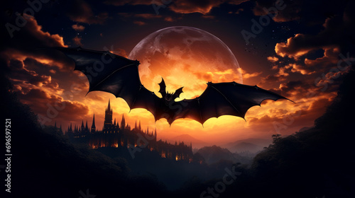 Bat in night sky, full Moon and vampire castle