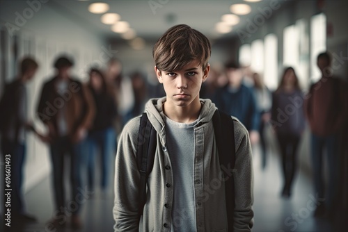 Depressed, sad teenage boy at school