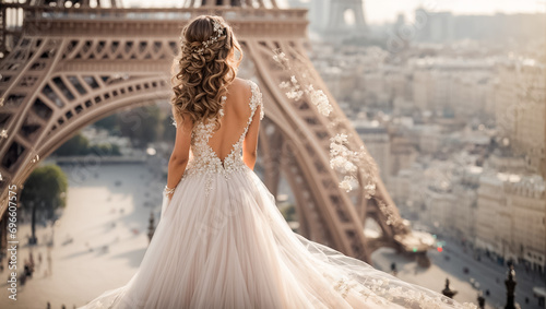 romance girl in a white bridesmaid dress against the background of the Eiffel Tower back to the camera
