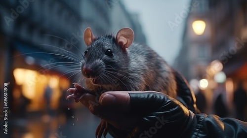 Ratten in Paris, der Stadt der Lichter. Die Ratte kommt aus der Kanalisation in die Stadt