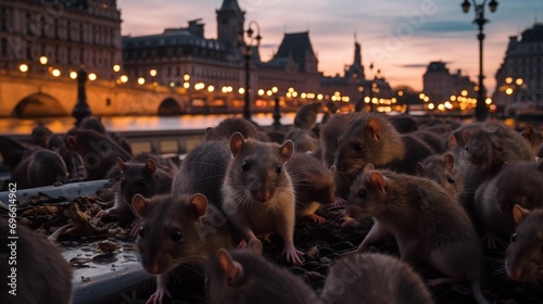 Ratten in Paris, der Stadt der Lichter. Die Ratte kommt aus der Kanalisation in die Stadt