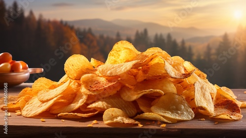 Tasty potato chips on blurred defocused background with ample copy space for creative text placement